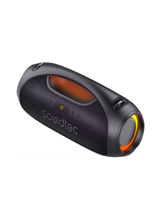 Rush Euphoric Portable Speaker features Bluetooth 5.3, a 5400mAh battery, Type-C charging, IPX6 water resistance, 8-hour playtime, 15m range, power bank function, RGB lights, plus shoulder strap and grip handle- Black